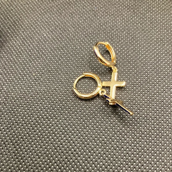 Cross Earrings Gold Huggie Hoop Dangle Drop - Picture 10 of 12